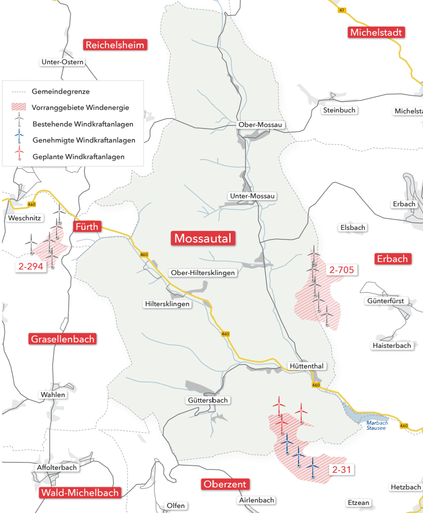 Skizzierte Karte Mossautal Gemeindegebiet, Wind-Vorranggebiete und WEA