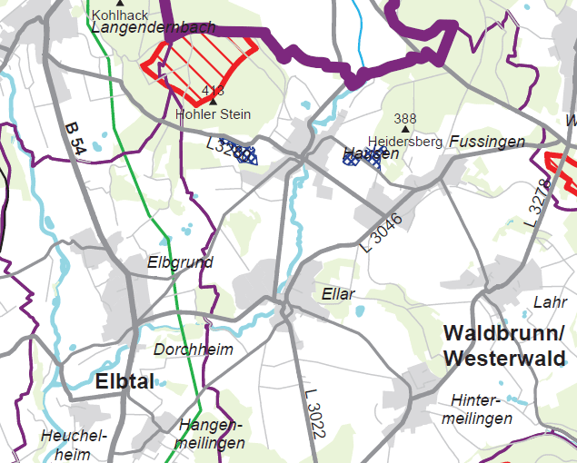 Ausschnitt aus dem Teilregionalplan Energie Mittelhessen mit Vorranggebiet Nr. 1103 (rot schraffiert, oben links)